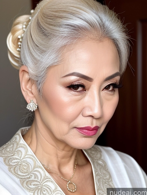 ai nude image of blond woman with a white blouse and a gold necklace and earrings pics of Milf Beautiful Pouting Lips Sexy Face 60s Asian White Hair Traditional Hair Bun