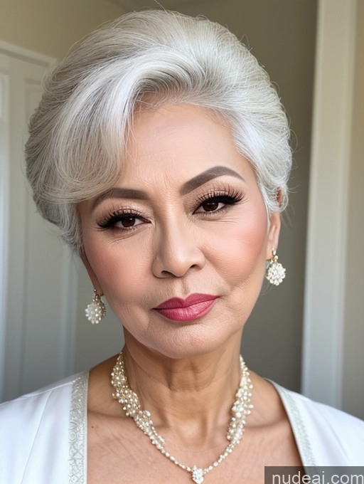 ai nude image of a close up of a woman with a necklace and earrings pics of Milf Beautiful Pouting Lips Sexy Face 60s Asian White Hair Traditional Hair Bun