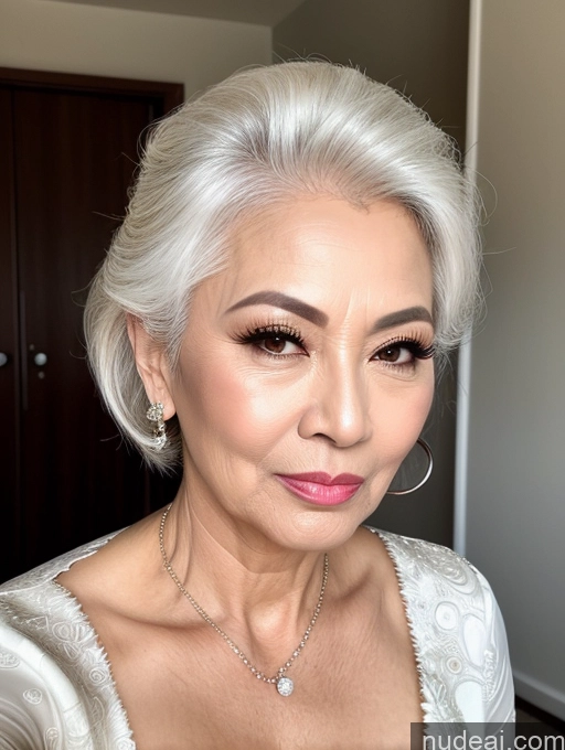 ai nude image of arafed woman with white hair and a necklace and earrings pics of Milf Beautiful Pouting Lips Sexy Face 60s Asian White Hair Hair Bun Wedding