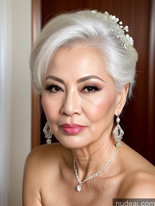 ai nude image of arafed woman with a white hair and a necklace and earrings pics of Milf Beautiful Pouting Lips Sexy Face 60s Asian White Hair Hair Bun Wedding