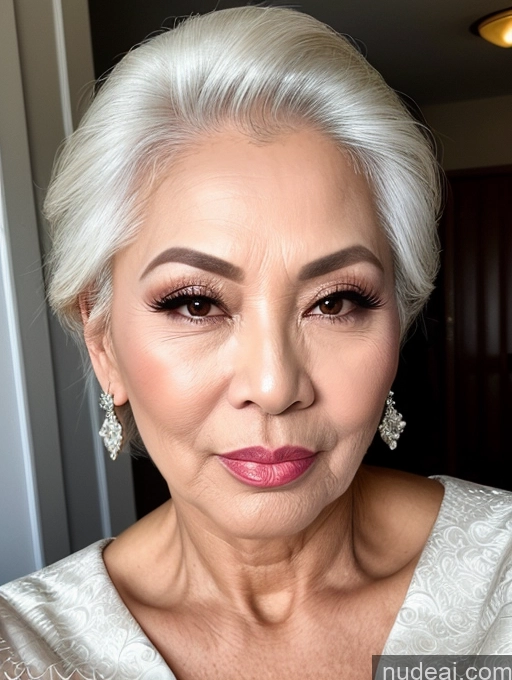 ai nude image of there is a woman with a white dress and earrings posing for a picture pics of Milf Beautiful Pouting Lips Sexy Face 60s Asian White Hair Hair Bun Wedding