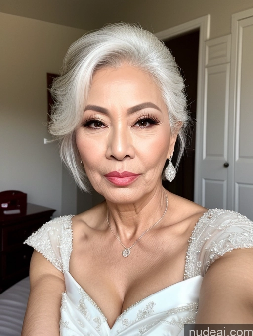 ai nude image of arafed woman in a wedding dress posing for a picture pics of Milf Beautiful Pouting Lips Sexy Face 60s Asian White Hair Hair Bun Wedding