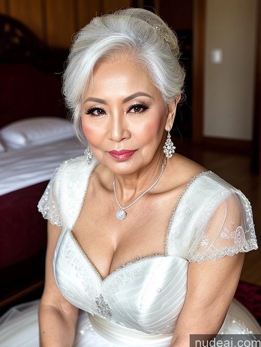 ai nude image of bride in white wedding dress sitting on bed with jewelry on her neck pics of Milf Beautiful Pouting Lips Sexy Face 60s Asian White Hair Hair Bun Wedding