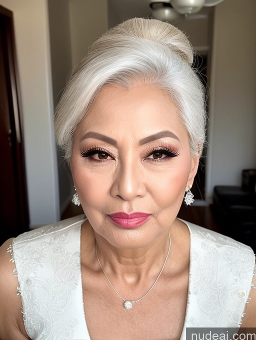 ai nude image of arafed woman with white hair and a white dress posing for a picture pics of Milf Beautiful Pouting Lips Sexy Face 60s Asian White Hair Hair Bun Wedding