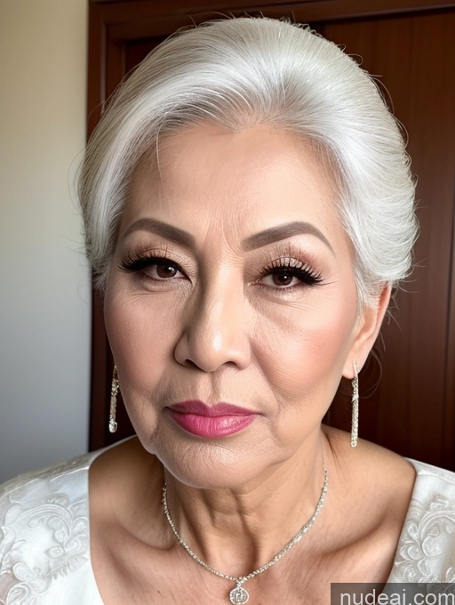 ai nude image of there is a woman with a necklace and earrings on her neck pics of Milf Beautiful Pouting Lips Sexy Face 60s Asian White Hair Hair Bun Wedding