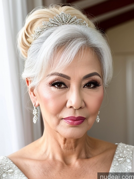 ai nude image of arafed woman with a tiara and a wedding dress pics of Milf Beautiful Pouting Lips Sexy Face 60s Asian White Hair Hair Bun Wedding