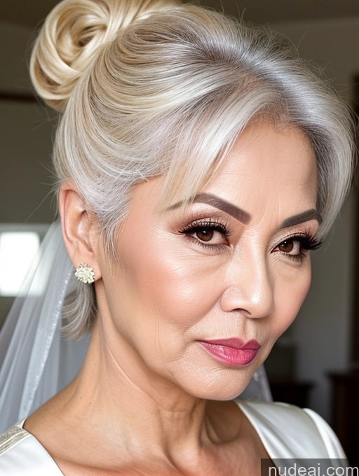 ai nude image of blond woman with a veil and a wedding dress looking at her cell phone pics of Milf Beautiful Pouting Lips Sexy Face 60s Asian White Hair Hair Bun Wedding