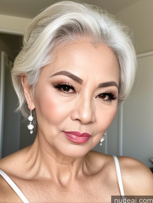 ai nude image of blond woman with white hair and earrings posing for a picture pics of Milf Beautiful Pouting Lips Sexy Face 60s Asian White Hair Hair Bun Wedding