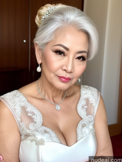 ai nude image of arafed woman in a wedding dress posing for a picture pics of Milf Beautiful Pouting Lips Sexy Face 60s Asian White Hair Hair Bun Wedding