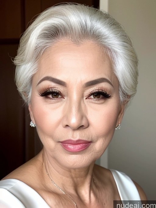 ai nude image of arafed woman with white hair and a necklace and earrings pics of Milf Beautiful Pouting Lips Sexy Face 60s Asian White Hair Hair Bun Wedding