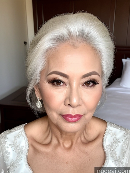 ai nude image of blond woman with white hair and a white dress posing for a picture pics of Milf Beautiful Pouting Lips Sexy Face 60s Asian White Hair Hair Bun Wedding