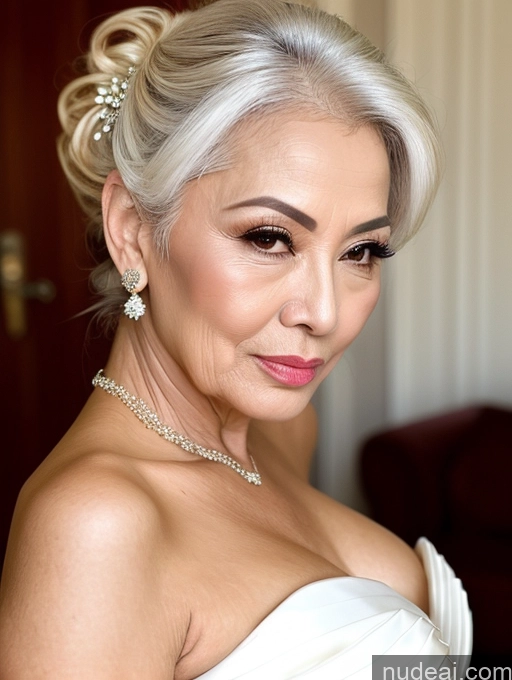 ai nude image of blond woman with a white dress and a necklace and earrings pics of Milf Beautiful Pouting Lips Sexy Face 60s Asian White Hair Hair Bun Wedding