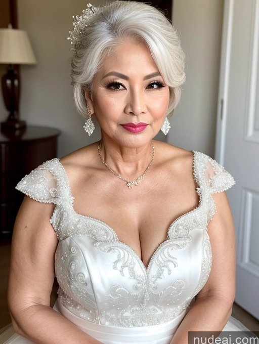 ai nude image of bride in wedding dress sitting on bed with jewelry on head pics of Milf Beautiful Pouting Lips Sexy Face 60s Asian White Hair Hair Bun Wedding