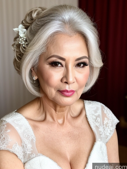 ai nude image of a close up of a woman with a white dress and a flower in her hair pics of Milf Beautiful Pouting Lips Sexy Face 60s Asian White Hair Hair Bun Wedding