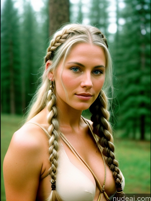 ai nude image of blond woman with braids and a bra top posing for a picture pics of Woman Perfect Body 30s White Hair Braided Scandinavian Film Photo Front View Viking One Perfect Boobs