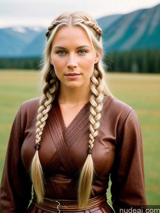 ai nude image of blond woman with braids in a brown dress standing in a field pics of Woman Perfect Body 30s White Hair Braided Scandinavian Film Photo Front View Viking One Perfect Boobs