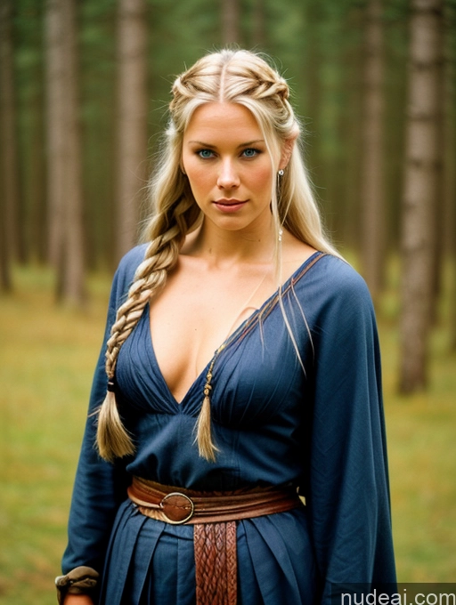 ai nude image of arafed woman with braids in a blue dress in a forest pics of Woman Perfect Body 30s White Hair Braided Scandinavian Film Photo Front View Viking One Perfect Boobs