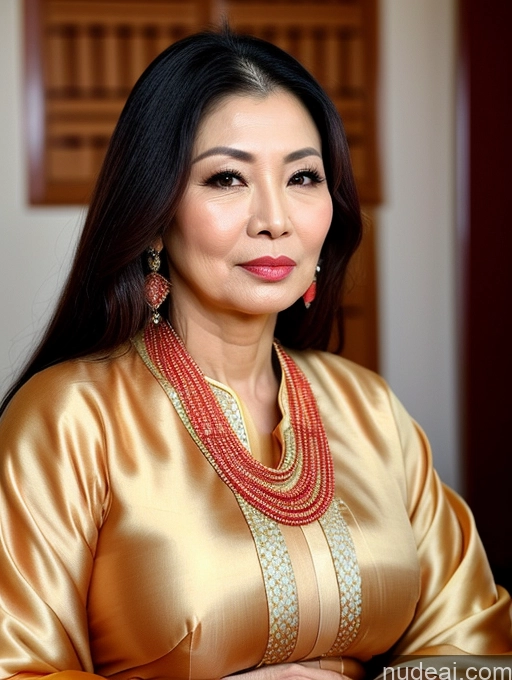 ai nude image of araffe woman in a gold dress with a red necklace and earrings pics of Milf Beautiful Pouting Lips Sexy Face Asian 50s Long Hair Traditional