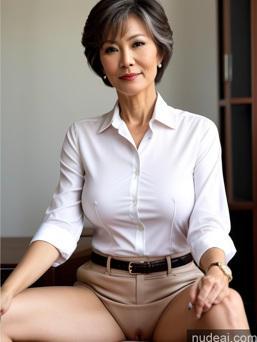 ai nude image of there is a woman sitting on a chair with a white shirt pics of Milf Perfect Boobs Perfect Body Pubic Hair 60s Pixie Chinese Spreading Legs Nude Blouse Casual Professor Shirt Stylish Suit Detailed