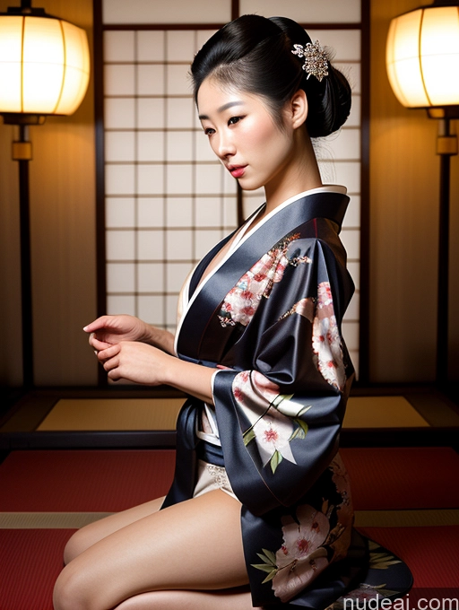 ai nude image of arafed asian woman in kimono sitting on the floor with a cell phone pics of Woman Small Tits Short Beautiful 18 Serious Japanese Side View Spreading Legs Geisha Dark Lighting Detailed Skin Detail (beta) Kimono