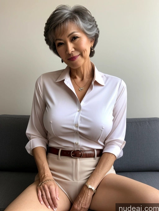 ai nude image of there is a woman sitting on a couch with a white shirt pics of Milf Perfect Boobs Perfect Body Pubic Hair 70s Pixie Chinese Spreading Legs Nude Blouse Casual Professor Shirt Stylish Suit Detailed