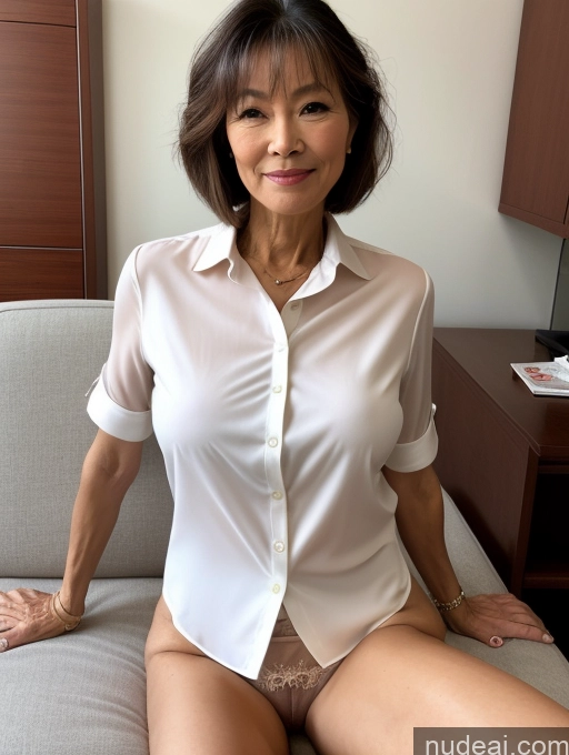 ai nude image of there is a woman sitting on a couch wearing a white shirt pics of Milf Perfect Boobs Perfect Body Pubic Hair 60s Pixie Chinese Spreading Legs Nude Blouse Casual Shirt Stylish Suit Teacher Detailed