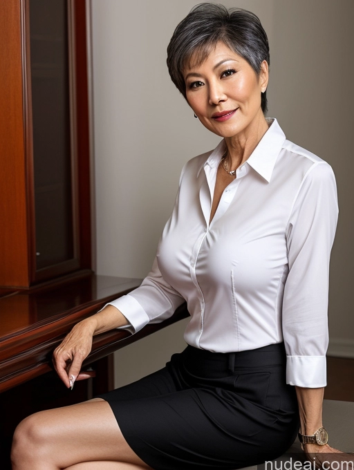 ai nude image of there is a woman sitting on a desk in a white shirt and black skirt pics of Milf Perfect Boobs Perfect Body Pubic Hair 70s Pixie Chinese Spreading Legs Nude Blouse Casual Professor Shirt Stylish Suit Dark Lighting Detailed