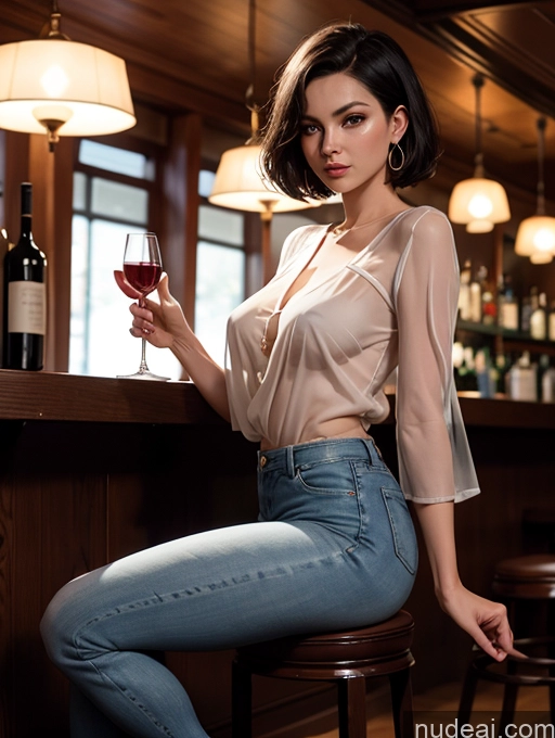 ai nude image of araffe woman sitting on a stool holding a glass of wine pics of Milf Several Chubby Short Hair 50s Black Hair British Film Photo Bar Front View Bending Over Blouse High Heels Jeans Transparent Wine Dark Lighting Detailed Sexy Face