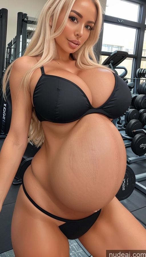 ai nude image of a pregnant woman in a black bikini posing in a gym pics of Bimbo Huge Boobs Perfect Boobs Perfect Body Long Hair 30s Seductive Front View Lingerie Microkini Pregnant Belly Inflation, Cuminflation, Overeating Gym Dark Skin Black