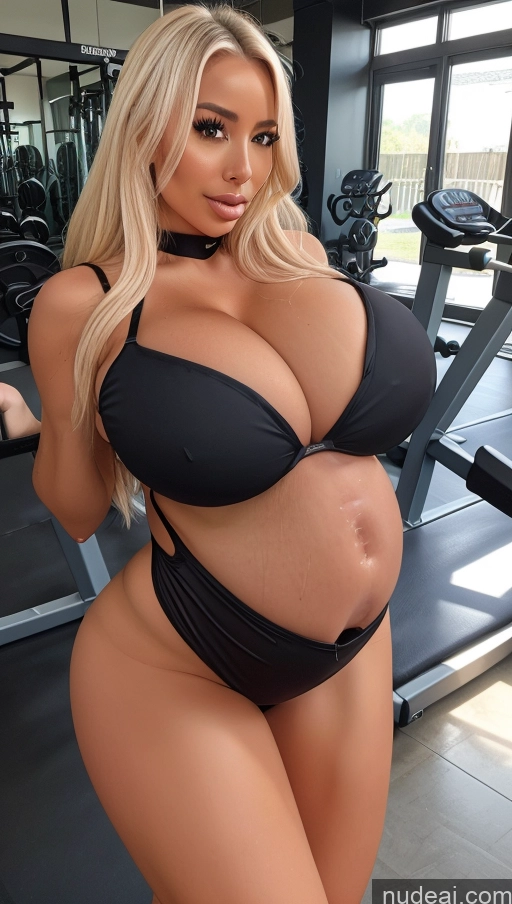 ai nude image of a pregnant woman in a black bikini posing in a gym pics of Bimbo Huge Boobs Perfect Boobs Perfect Body Long Hair 30s Seductive Front View Lingerie Microkini Pregnant Belly Inflation, Cuminflation, Overeating Gym Dark Skin Black