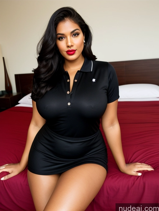 ai nude image of there is a woman sitting on a bed in a black dress pics of Model One Perfect Boobs Beautiful Lipstick Big Ass Chubby Long Legs Perfect Body 30s Seductive Black Hair Long Hair Indian Dress Polo Bedroom Front View On Back Simple Mini Skirt