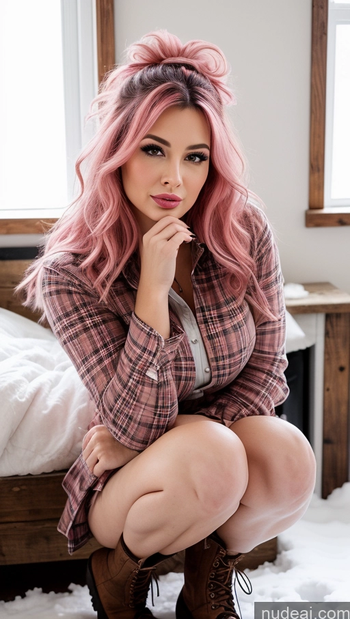 ai nude image of arafed woman with pink hair sitting on a bed in a bedroom pics of Busty Beautiful Big Ass 50s Messy Sexy Face Blouse Boots Mini Skirt Pouting Lips Seductive Thick Pink Hair Snow Lumberjack