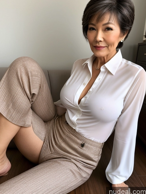 ai nude image of there is a woman sitting on a couch wearing a white shirt and tan pants pics of Milf Perfect Boobs Perfect Body Pubic Hair 70s Pixie Chinese Spreading Legs Nude Blouse Casual Professor Shirt Stylish Suit Detailed