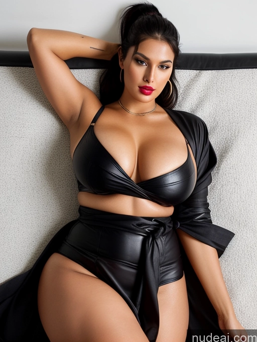 ai nude image of araffe woman in a black leather outfit laying on a bed pics of 30s Seductive Sexy Face Ponytail Indian Perfect Boobs Beautiful Lipstick Big Ass Chubby Long Legs Perfect Body On Back Two Model Dress Bdsm Black Hair Crop Top