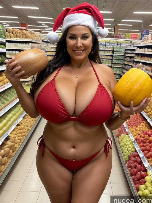 ai nude image of arafficial woman in a red bikini and santa hat holding a pumpkin pics of Milf One Busty Huge Boobs Tanned Skin 70s Brazilian Front View Microkini Thong Chubby Santa Grocery