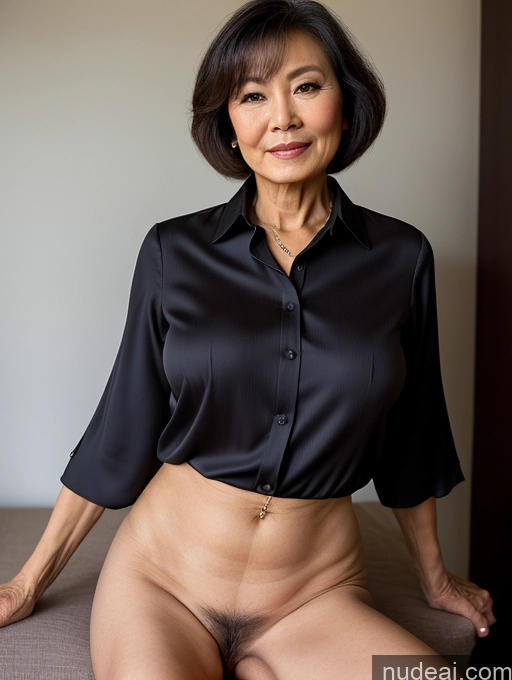 ai nude image of arafed asian woman in a black shirt posing on a bed pics of Milf Perfect Boobs Perfect Body Pubic Hair 70s Pixie Chinese Spreading Legs Nude Blouse Casual Professor Shirt Stylish Suit Dark Lighting Detailed