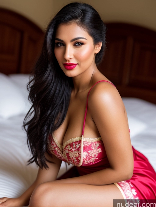 ai nude image of araffe woman in a red dress sitting on a bed pics of Perfect Boobs Beautiful Lipstick Big Ass Chubby Long Legs Perfect Body 30s Happy Seductive Sexy Face Pouting Lips Black Hair Ponytail Indian Traditional Simple Alternative Dark Lighting One Nightgown Shirt Bedroom On Back Model