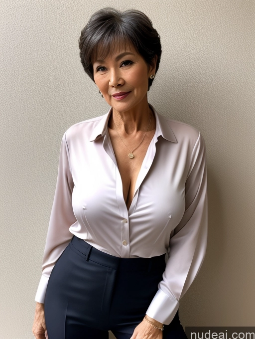 ai nude image of there is a woman in a white shirt and black pants posing for a picture pics of Milf Perfect Boobs Perfect Body Pubic Hair 70s Pixie Chinese Spreading Legs Nude Blouse Casual Professor Shirt Stylish Suit Detailed