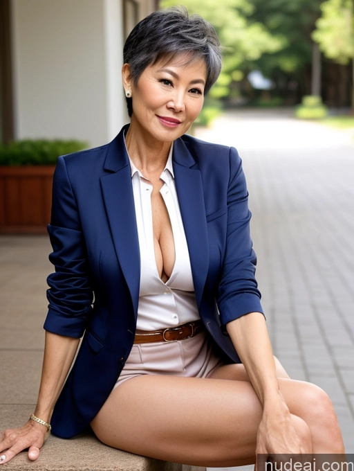 ai nude image of there is a woman sitting on a bench wearing a blue jacket pics of Milf Perfect Boobs Perfect Body Pubic Hair 60s Pixie Chinese Spreading Legs Nude Blouse Casual Shirt Stylish Suit Teacher Detailed