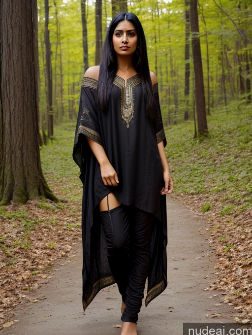 ai nude image of araffe woman in black dress walking down a path in the woods pics of Black Hair Indian Dark Fantasy Tunic