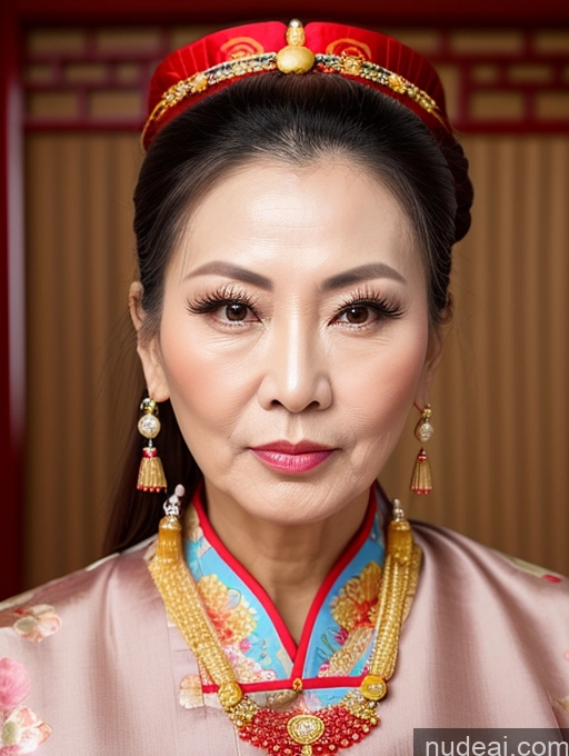 ai nude image of arafed woman in a chinese dress with a red hat and gold jewelry pics of Milf Beautiful Hair Bun Pouting Lips Sexy Face Chinese Traditional 50s