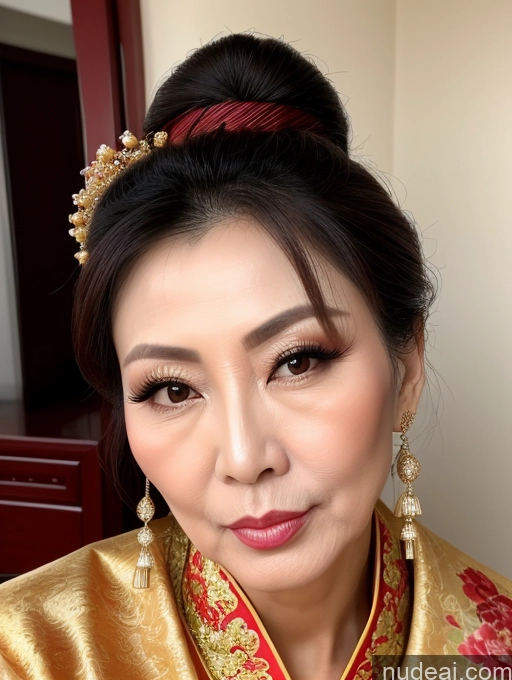 ai nude image of araffe woman with a gold dress and a red and gold headpiece pics of Milf Beautiful Hair Bun Pouting Lips Sexy Face Chinese Traditional 50s