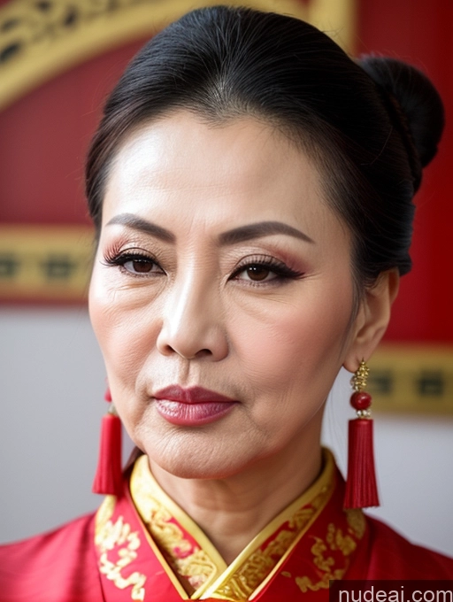 ai nude image of araffe woman in a red dress with a red and gold dress pics of Milf Beautiful Hair Bun Pouting Lips Sexy Face Chinese Traditional 50s