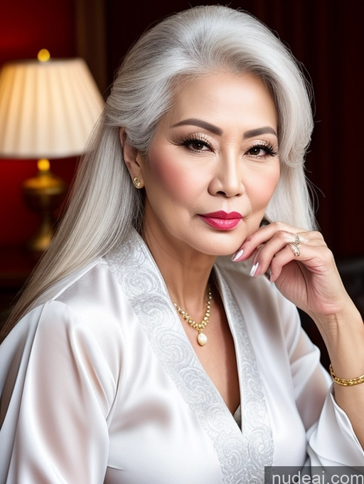 ai nude image of arafed woman with white hair and a white robe posing for a picture pics of Milf Beautiful Pouting Lips Sexy Face Chinese Traditional 50s Long Hair White Hair