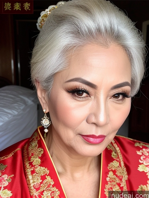 ai nude image of arafed woman with a red robe and gold jewelry on her head pics of Milf Beautiful Pouting Lips Sexy Face Chinese Traditional 50s Long Hair White Hair