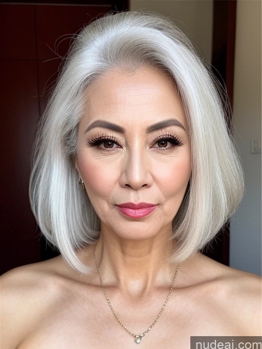 ai nude image of a close up of a woman with a necklace on her neck pics of Milf Beautiful Pouting Lips Sexy Face Chinese Traditional 50s Long Hair White Hair