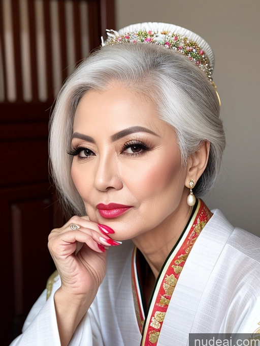 ai nude image of blond woman with white hair and a tiara posing for a picture pics of Milf Beautiful Pouting Lips Sexy Face Chinese Traditional 50s Long Hair White Hair