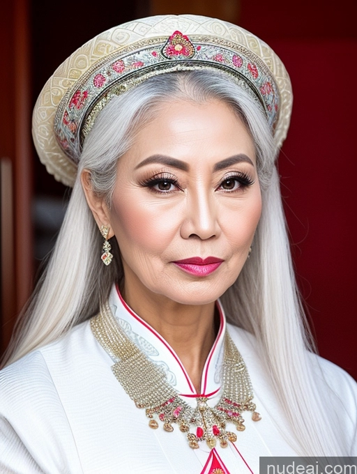 ai nude image of araffe woman with white hair and a white hat and necklace pics of Milf Beautiful Pouting Lips Sexy Face Chinese Traditional 50s Long Hair White Hair