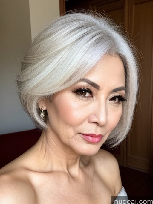 ai nude image of a close up of a woman with a white dress and earrings pics of Milf Beautiful Pouting Lips Sexy Face Chinese Traditional 50s Long Hair White Hair