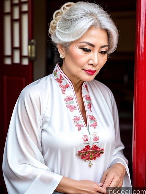 ai nude image of arafed woman in a white shirt and red earrings leaning against a red pole pics of Milf Beautiful Pouting Lips Sexy Face Chinese Traditional 50s Long Hair White Hair